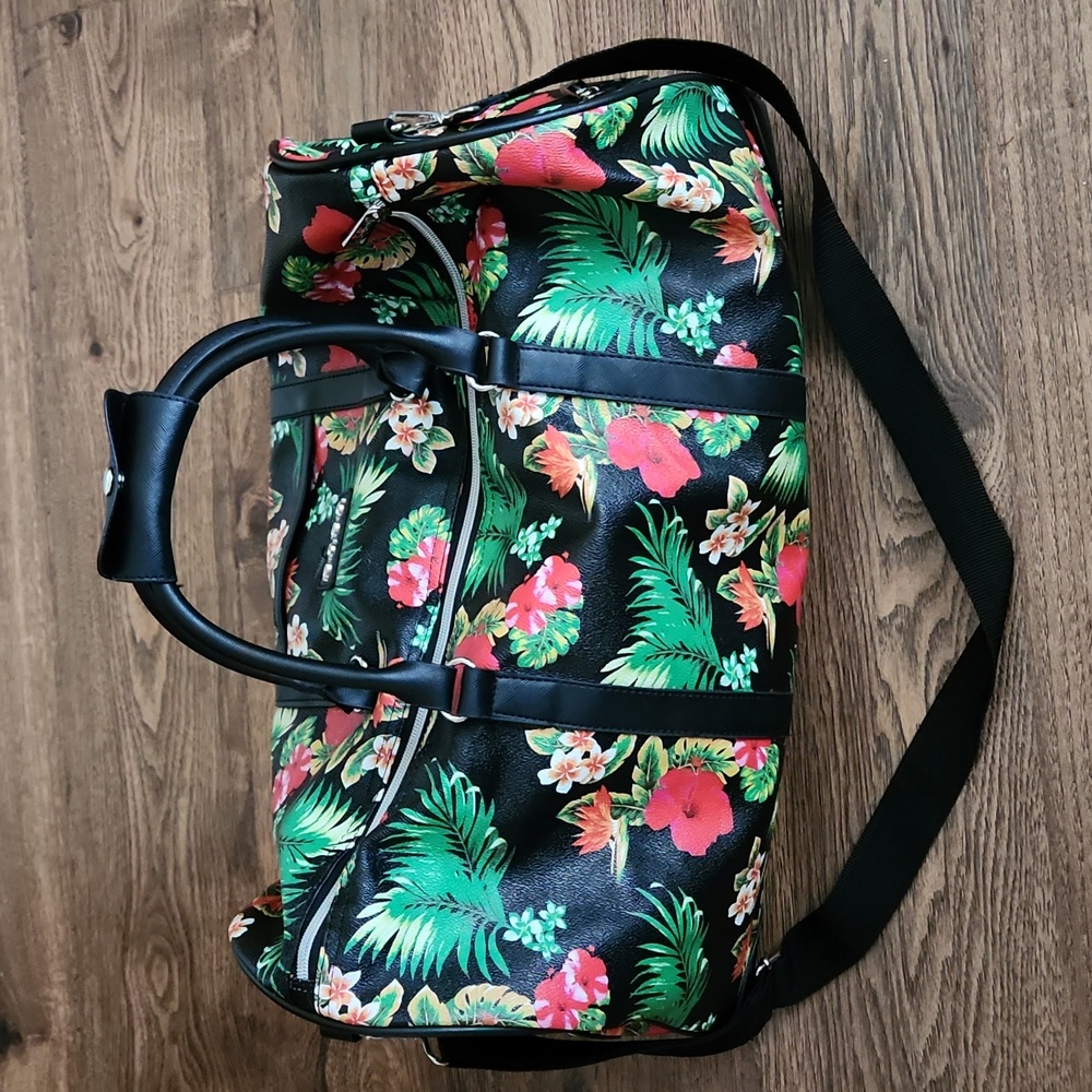 BeBe Travel Duffle Bag Black with tropical flowers - Picture 2 of 6